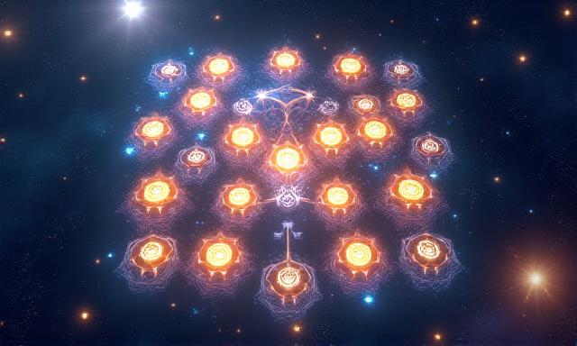 A visual puzzle game interface with glowing stars and musical notes.