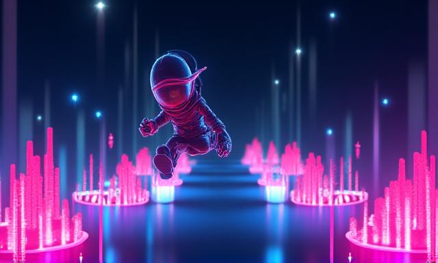 Gameplay screenshot of Neon Beat Runner showing a character jumping over soundwaves.