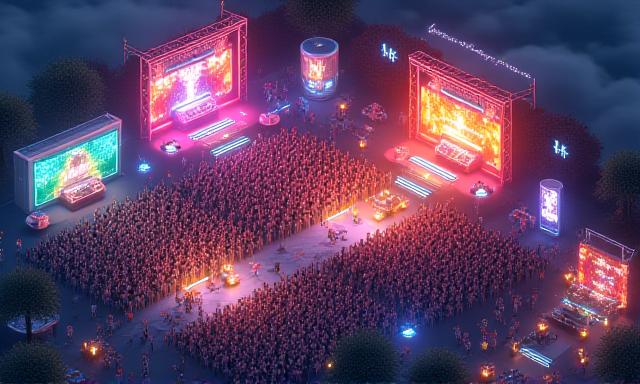 An isometric view of a digital music festival with animated crowds.