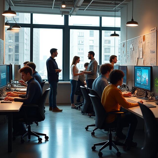 A diverse team collaborating in a modern office space, reflecting innovation and teamwork.