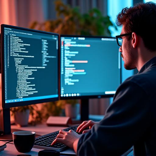 A developer working on a multi-screen setup, showcasing various code snippets and game engines.